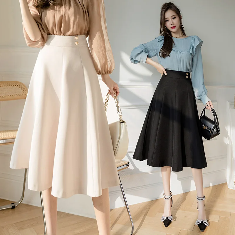 A-line Skirts Woman High Waist Casual Streetwear Work Wear Office Ladies Skirt Midi Retro Korean Style Faldas Femme OL
