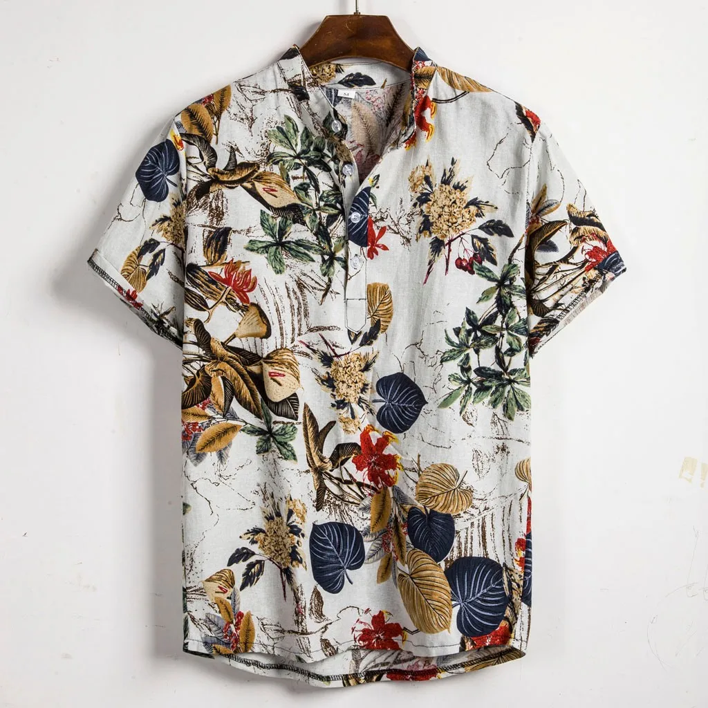 

Мужская повседневная Этническая рубашка, рубашка для отдыха с коротким рукавом, новинка 2022, летняя хлопковая льняная гавайская рубашка с принтом, блузка, рубашки
