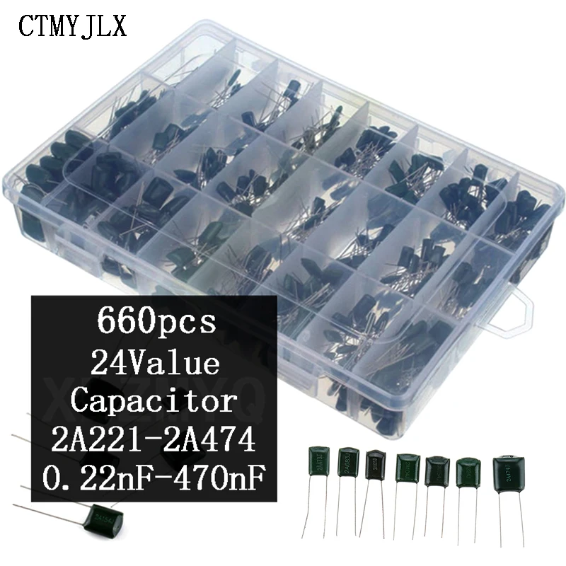 

660pcs 24Value Polyester Film Capacitor Assorted Kit 100V 2A221J to 2A474J Capacitors 0.47nF 0.68nF 1nF 2.2nF Capacitors Set