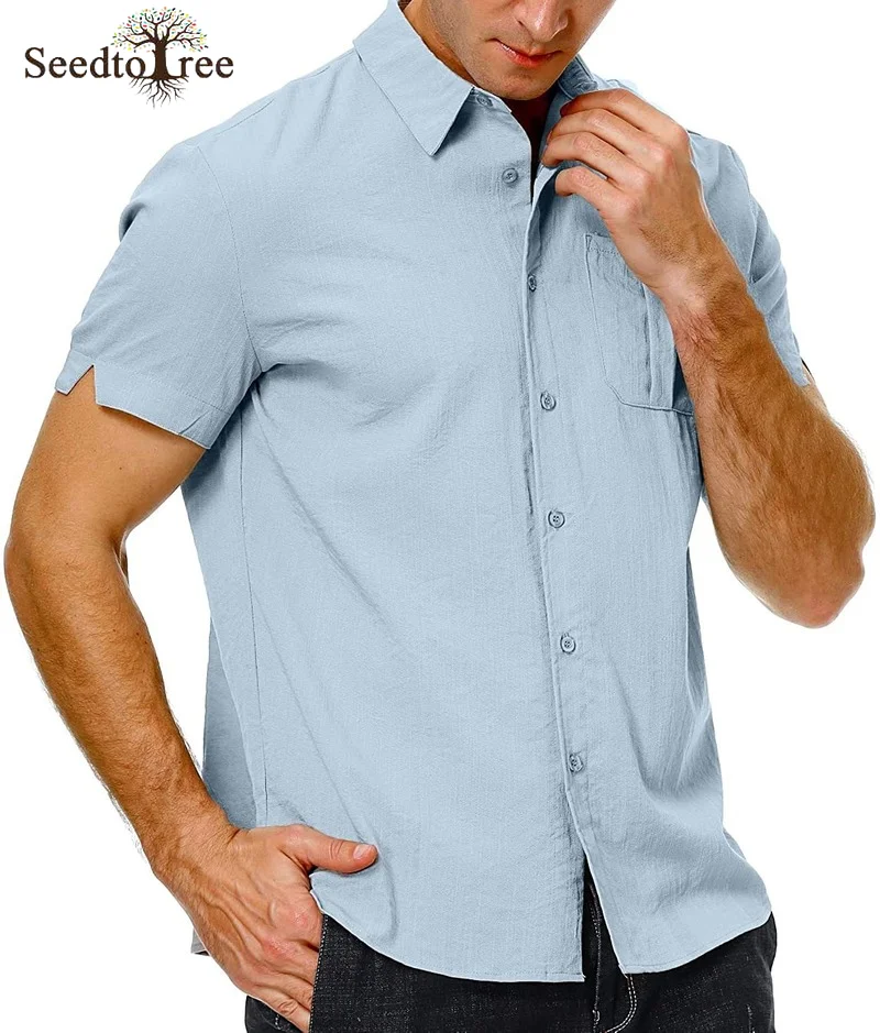 Summer Men's Shirts Casual Short Sleeve Turndown Collar Single Breasted Linen Solid Color Shirt