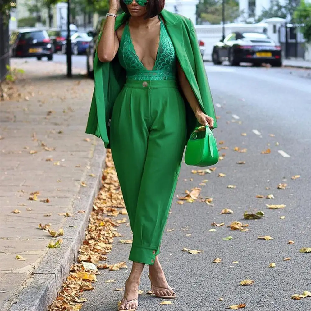 

2 Pcs/Set Women Business Suit Turn-down Collar Simple Formal Cardigan Loose Coat Trousers Suit two piece sets womens outifits