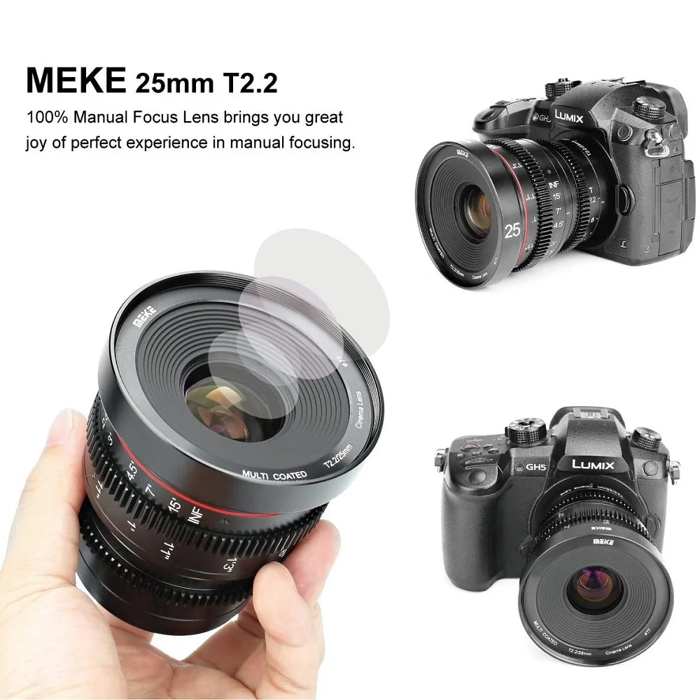 Фото Meike 25 мм T2.2 Объектив с ручной фокусировкой и низким уровнем искажений 4K Prime Cine для камер Olympus Panasonic Lumix и BMPCC 4K Zcam E2 GH5 GH6 №4