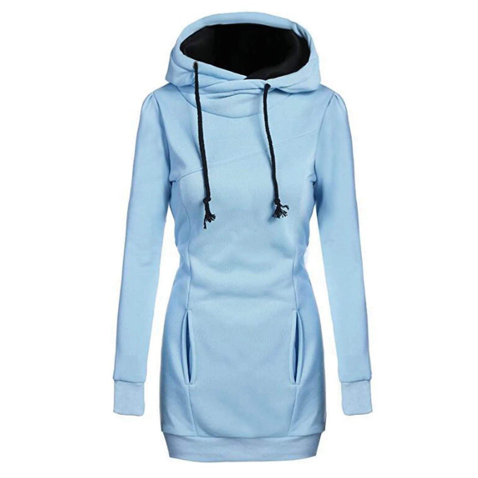 

Ladies Fashion Pile Collar Solid Color Long Long Sleeve Hooded Sweater Tunic Length Zip up Hoodie Women