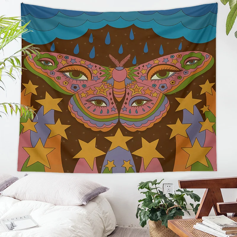 

Vintage Butterfly Psychedelic Eye Tapestry Colorful Starry Sky Background Wall Hanging 90S Floral Bedroom Dorm Room Decor Art