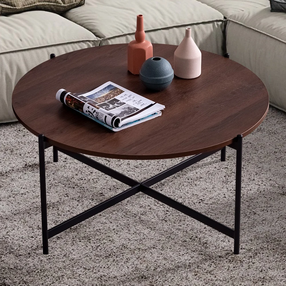 

Modern Round coffee table,Black metal frame with walnut top-36"