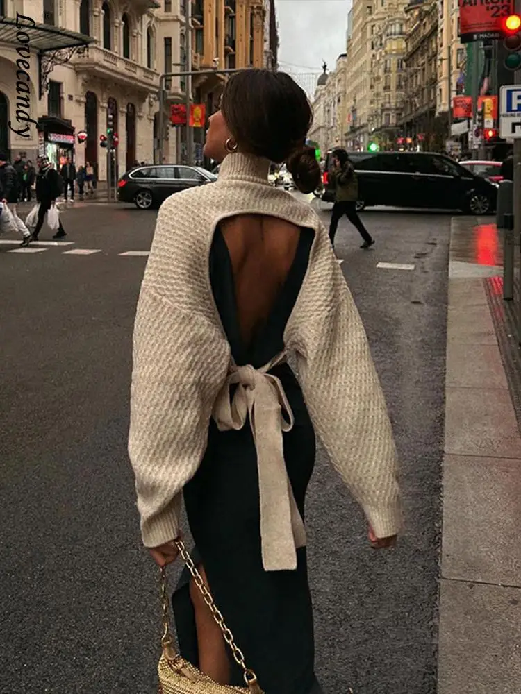 Sexy Backless Lace Up Knitted Pullover Woman Fashion Turtleneck Long Sleeve Jumper Sweater Spring Female Elegant Street Knit Top