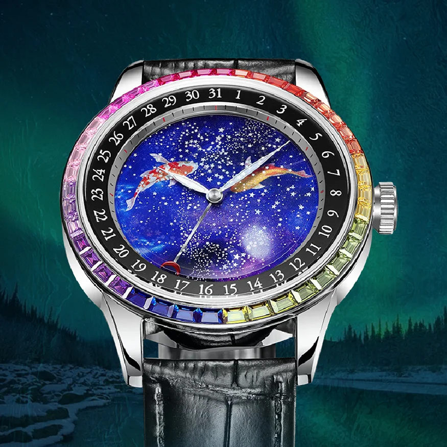 

JINLERY Automantic Mechanical Watch for Men Carp Dial Pattern Design Fashion Casual Colored Moissanite Wristwatch ��ѧ�� �ާ�ا�ܧڧ�