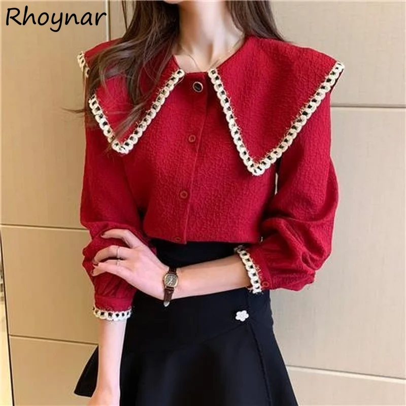 

Shirts Women S-3XL Peter Pan Collar Elegant Ladies All-match Spring Autumn Single Breasted Ins Stylish Younger Tender Chic Mujer