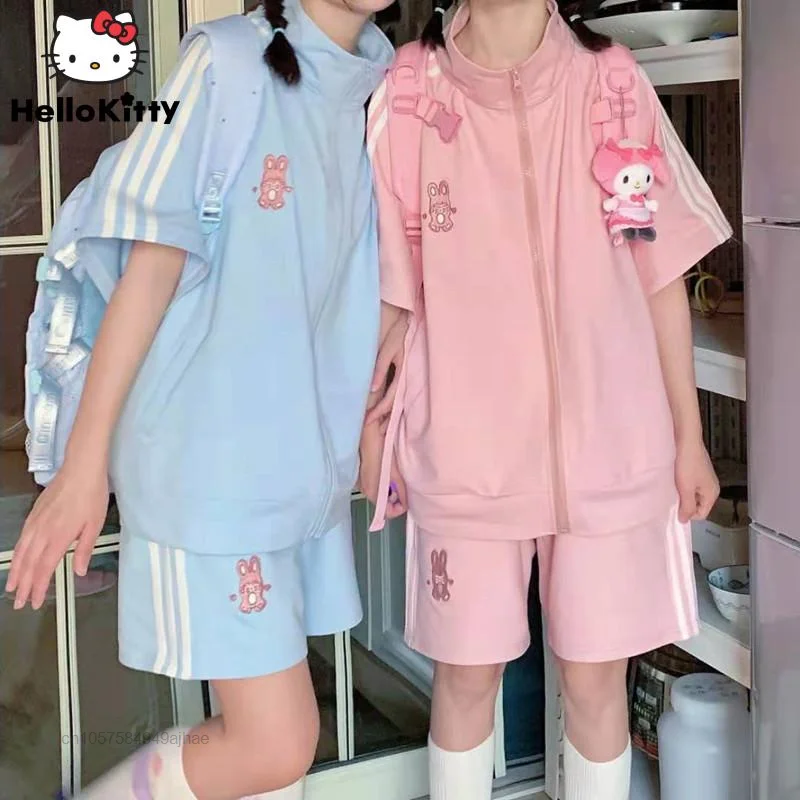 

Sanrio Cute Embroidered Clothes Sports Suit Y2k College Style Loose Cardigan Top Short Sweatpants 2 Pieces Set Women Summer Sets