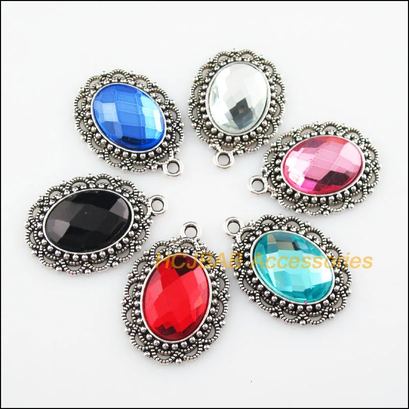 

6Pcs Tibetan Silver Plated Tone Flower Oval Mixed Crystal Charms Pendants 22x31.5mm