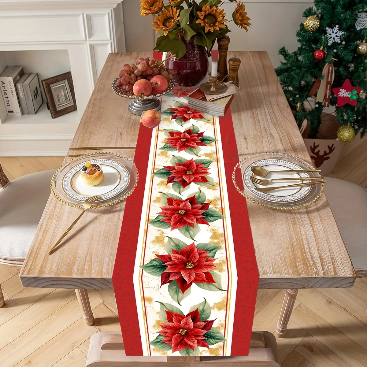 Рождественские цветы пуансеттии льняная дорожка для стола комод шарф