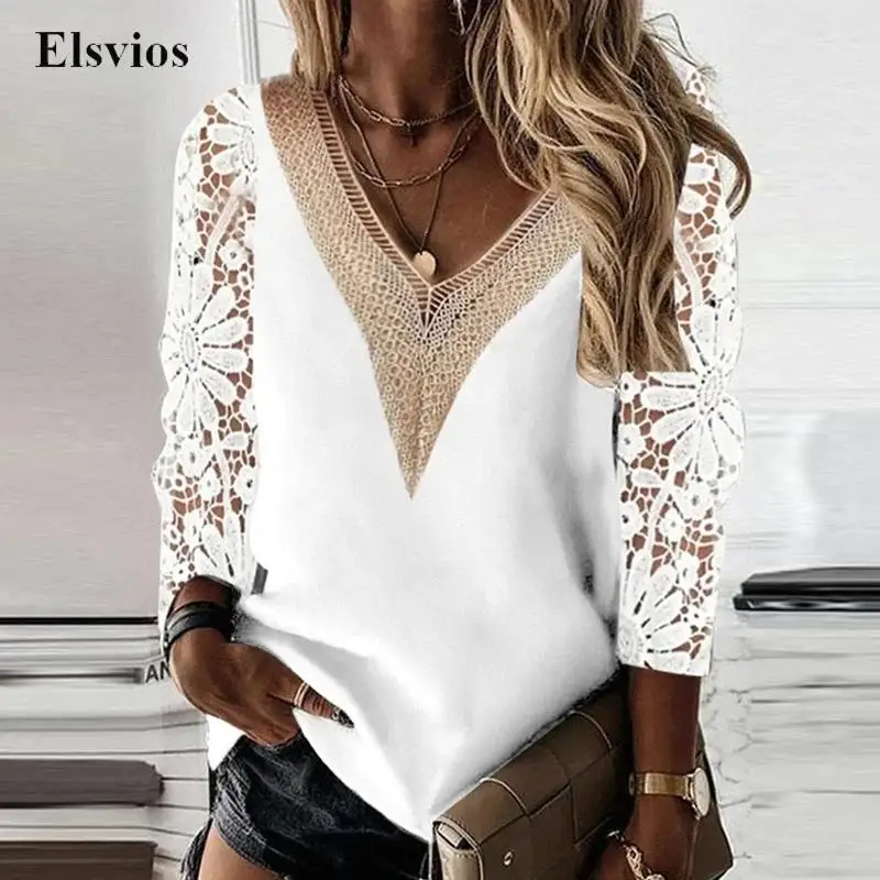 

Женский модный Свободный Топ в стиле Харадзюку, винтажный пуловер с V-образным вырезом, ажурная кружевная блузка, Женская Повседневная руба...