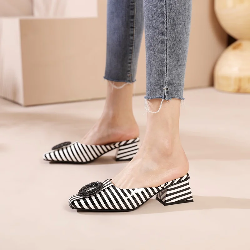 ZVQ Women Slippers New Patent Leather Square Toe Med Square Heel Summer Black And White Stripes Lady Mules New Casual Date Shoes
