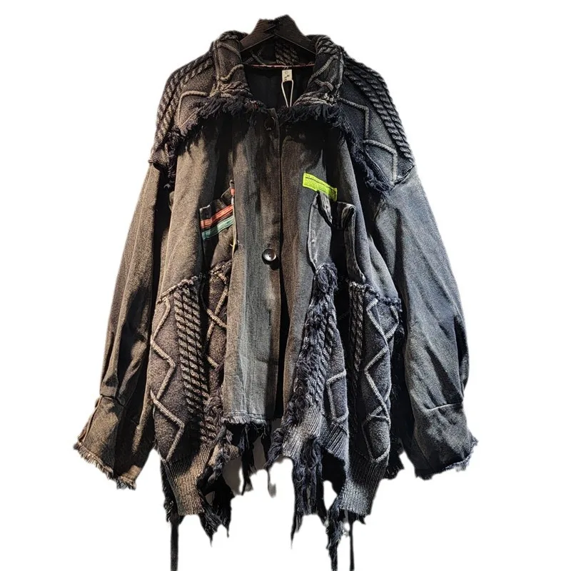 Осень 2024 новый свободный крупнобортный дизайн вязаная стираная джинсовая куртка