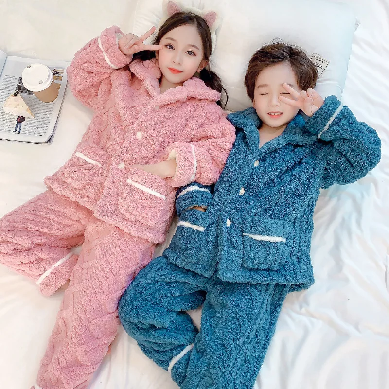 

Pajamas Set for Children Winter Double-sided Flannel Boys Girls Sleepwear Thicken Warm Coral Fleece Teens Kids Pyjama Sets 4-13Y