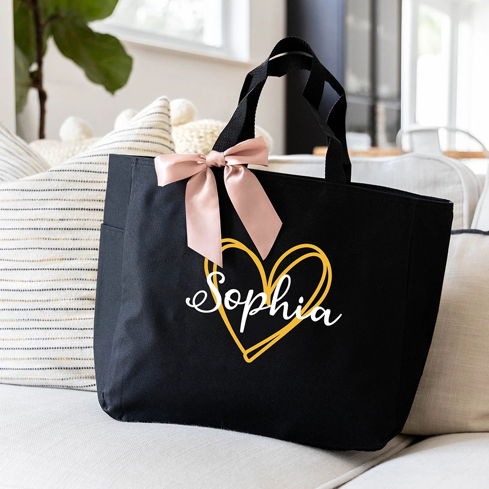 

Personalized Gift Wedding Bridal Party Bridesmaid Tote Bag Black Large Capacity Shopping Bag With Zipper Custom Thank You Gift