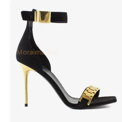 Square Toe Cover Heel Sandals Women Summer 2023 Gold Heel Stiletto Ladies Shoes Buckle Strap Metal Decor Fashion Sexy Party Shoe