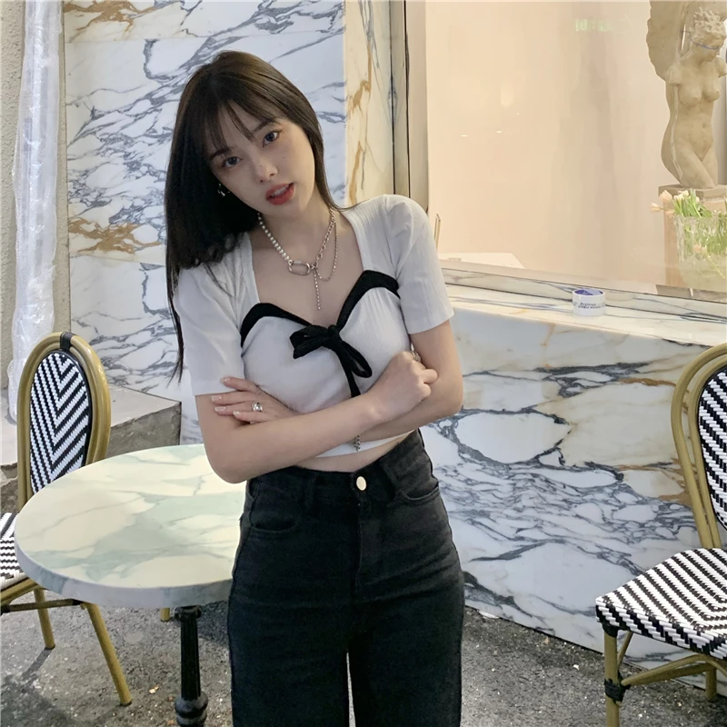 

2022Bow Knot Short T-Shirt Women's 2022 Summer New Slim Bck Hollow Chic Short Sleeve Top