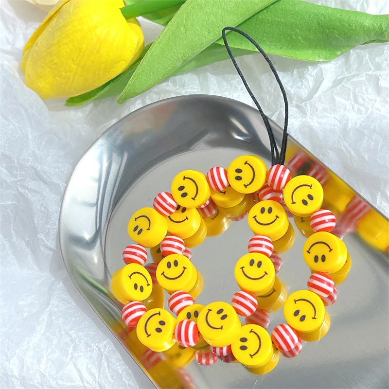 Striped Smiley Key Chain Ladies Fashion Cute Romantic Vintage Keychain Charm Korea 90s Aesthetic Phone Chain Decoration Gift New