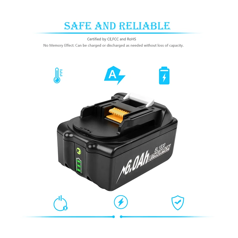 BL1830 6000MAH Battery For MAKITA 18V Lithium-ion Battery Replacement  BL1860 BL1880 BL1830 BL1850 BL1860B Rechargeable Battery