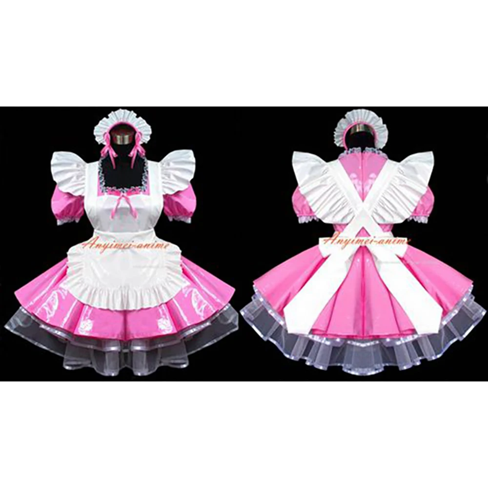 

tailor-made sexy adult dressing cross maid sissy pink thin pvc dress lockable uniform white apron costume custom-made[g490]