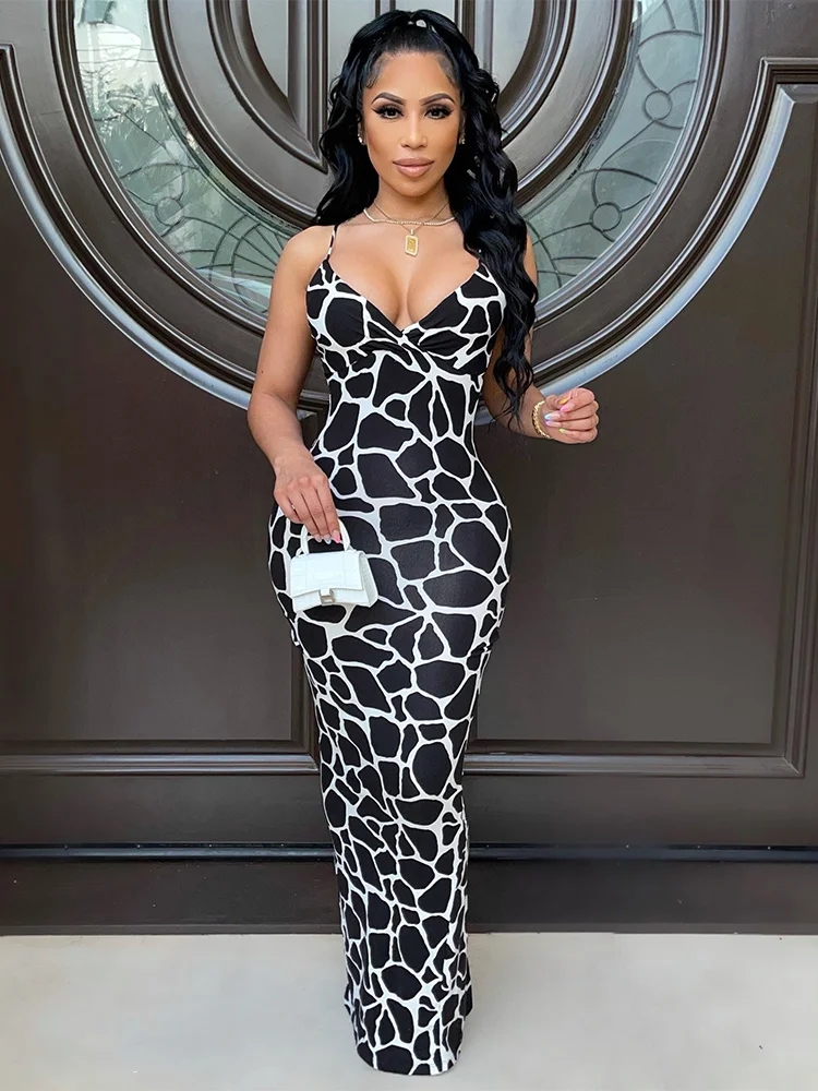

CHRONSTYLE Women Back Split Long Maxi Dress Print Sleeveless Strap V-neck Bodycon Summer Party Club Dresses Female Vestidos 2022