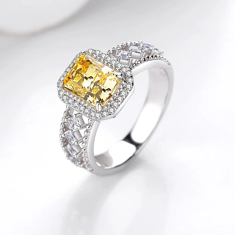 

Original S925 sterling silver hollowed-out rectangular ice flower cut zircon ring female design feeling small ring