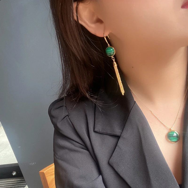 Элегантные серьги из натурального малахита серебро 925 пробы желтое золото