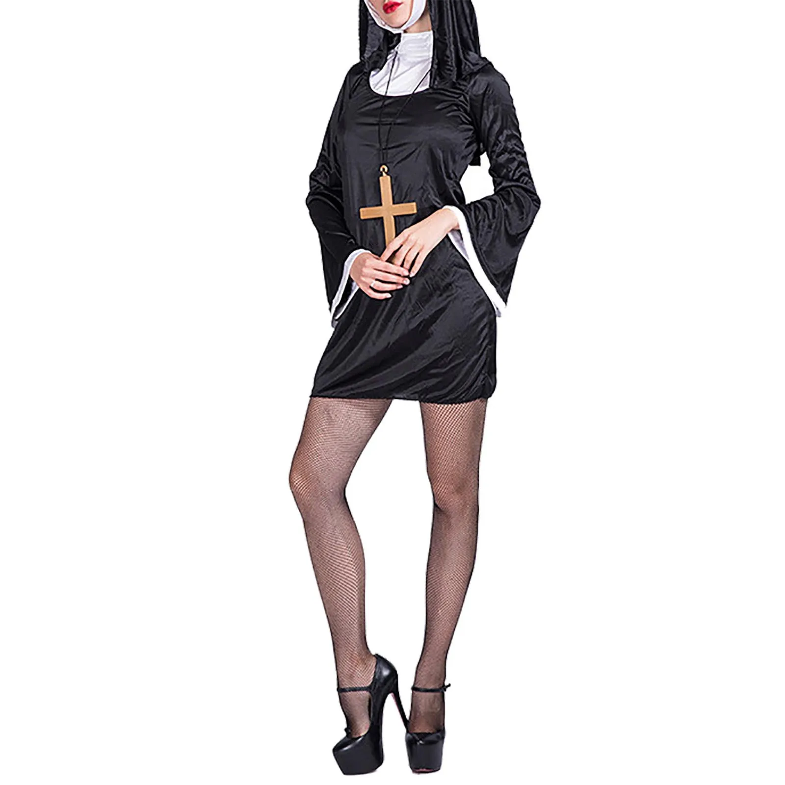 

Women's Halloween Stage Performance Nun Character Cosplay Costume Loose Long Sleeve Sexy Slim Party Short Hooded Dresses