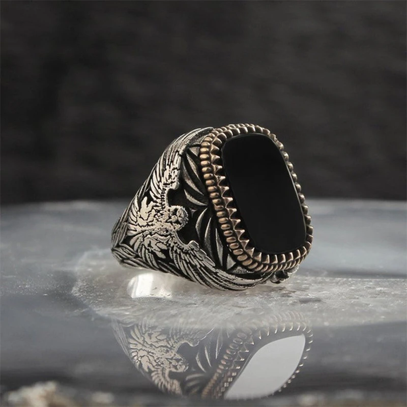

Retro Handmade Turkish Signet Ring Vintage Men's Ancient Metal Eagle Ring Inlaid Black Zircon Party Punk Motor Biker Ring