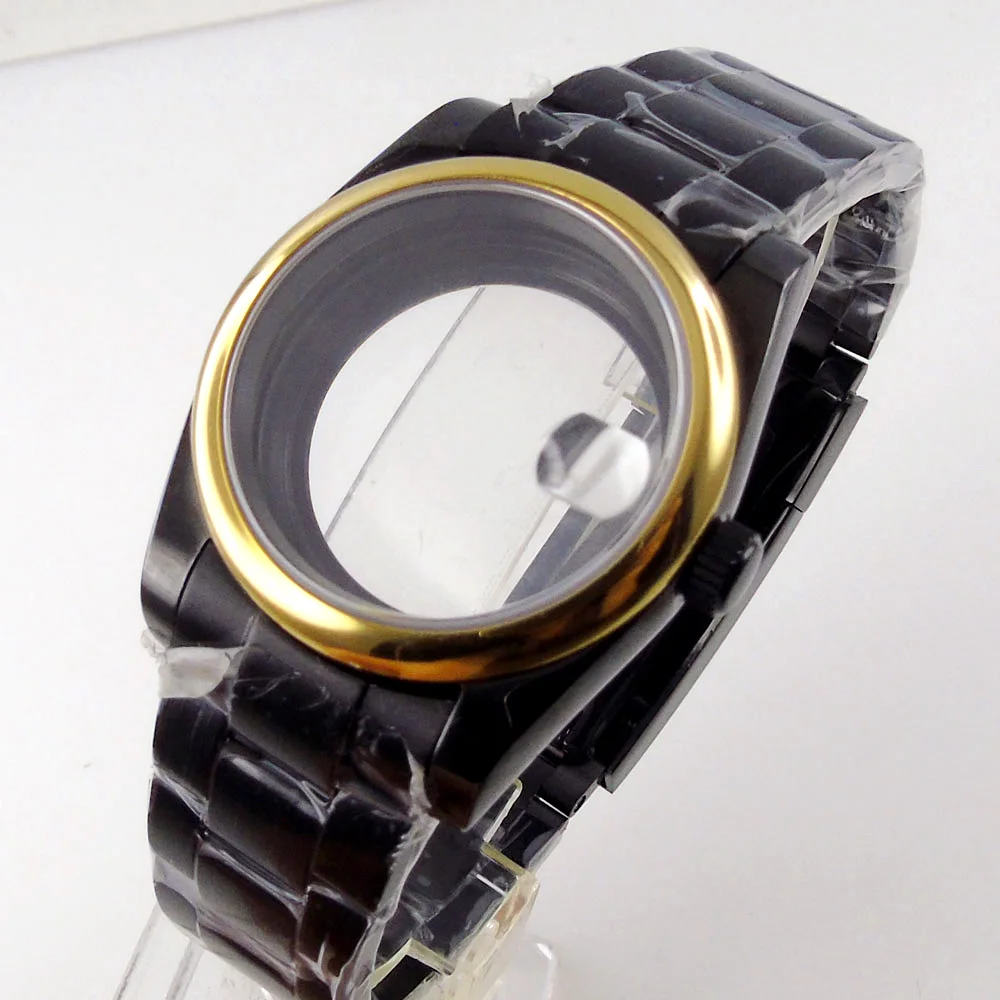 

39mm Two Tone Gold Polish Bezel PVD Coated Case fit NH35A NH36A ETA 2836 MIYOTA 82 Series DG MOVEMENT Watch Case Glass Back