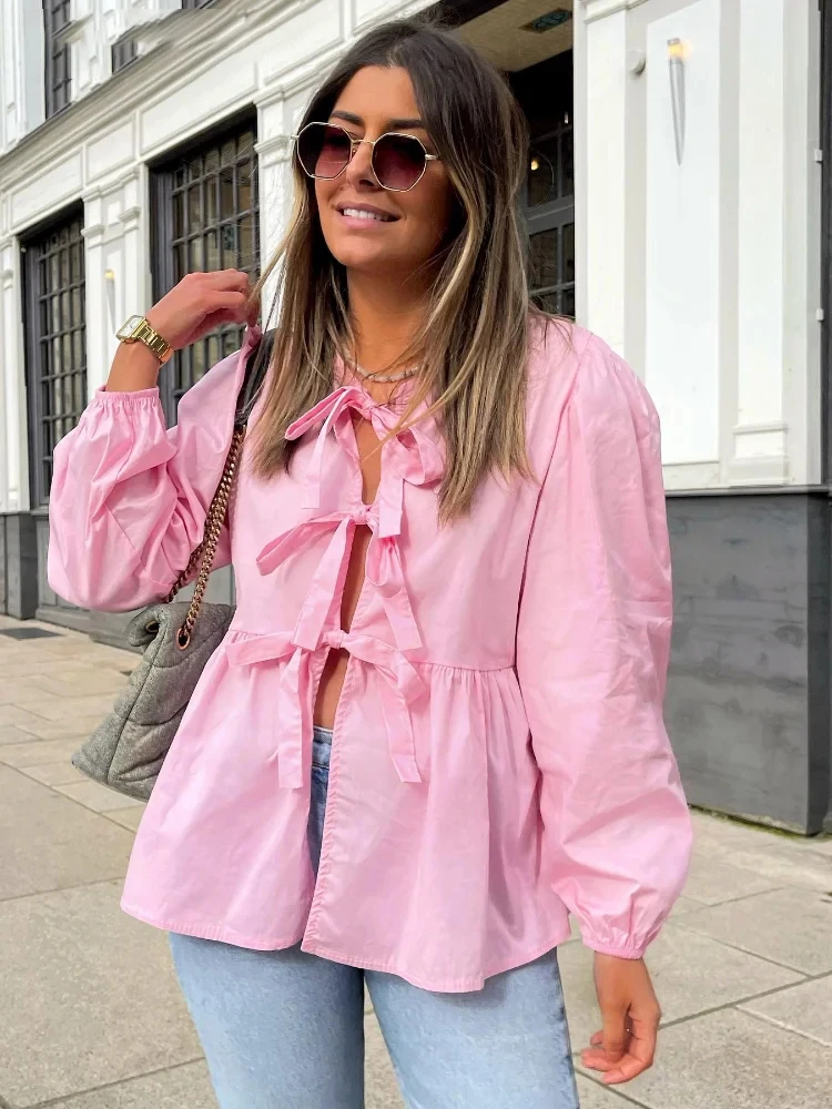 Женская ажурная рубашка EDSA винтажная блузка с длинным рукавом-фонариком круглым