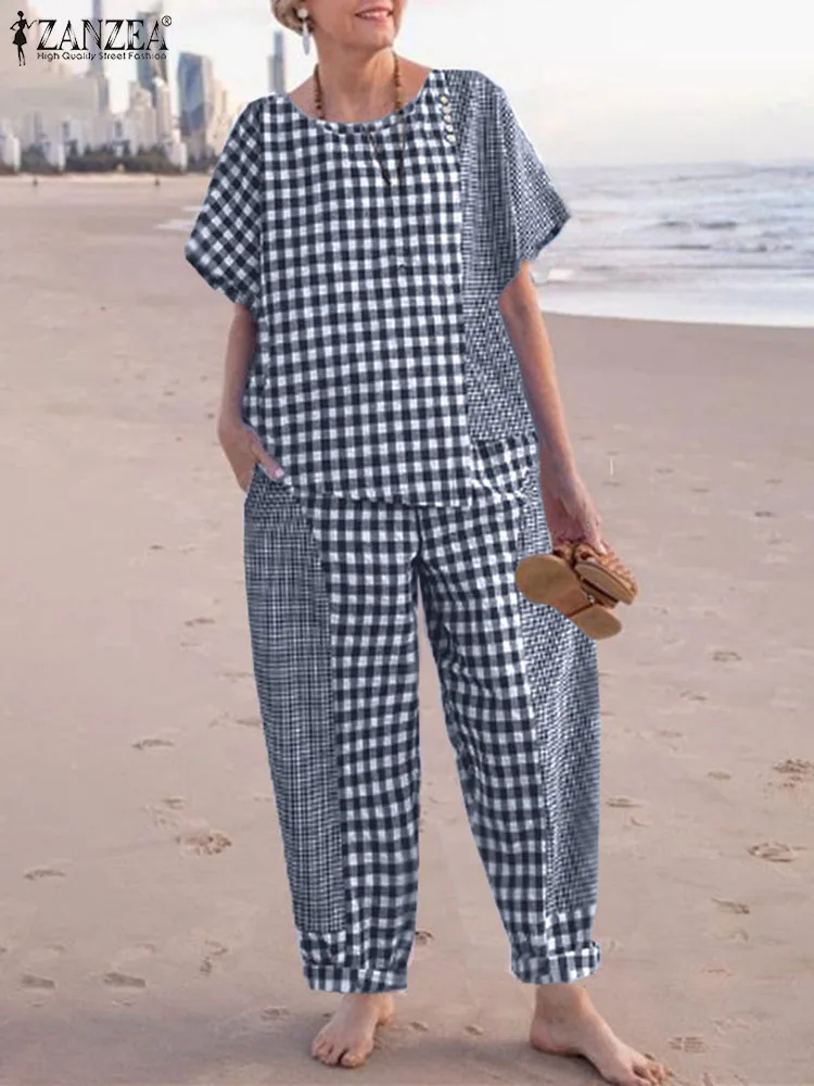 2PCS Summer Women's Tracksuit Vintage Plaid Checked Matching Sets ZANZEA Fashion Short Sleeve Blouse Suits Patchwork Pants Sets