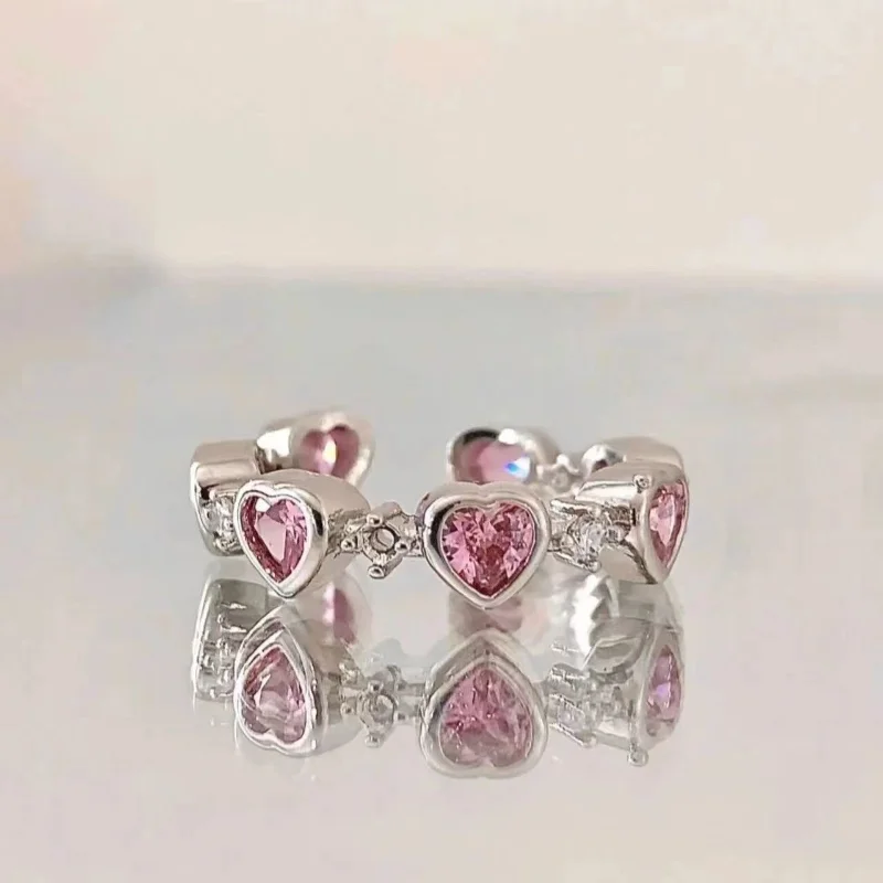 

New 2023 Luxury Sweet Romance Pink Crystal Heart Open Adjustable Ring For Women Wedding Vintage Cute Jewelry Y2K Accessories