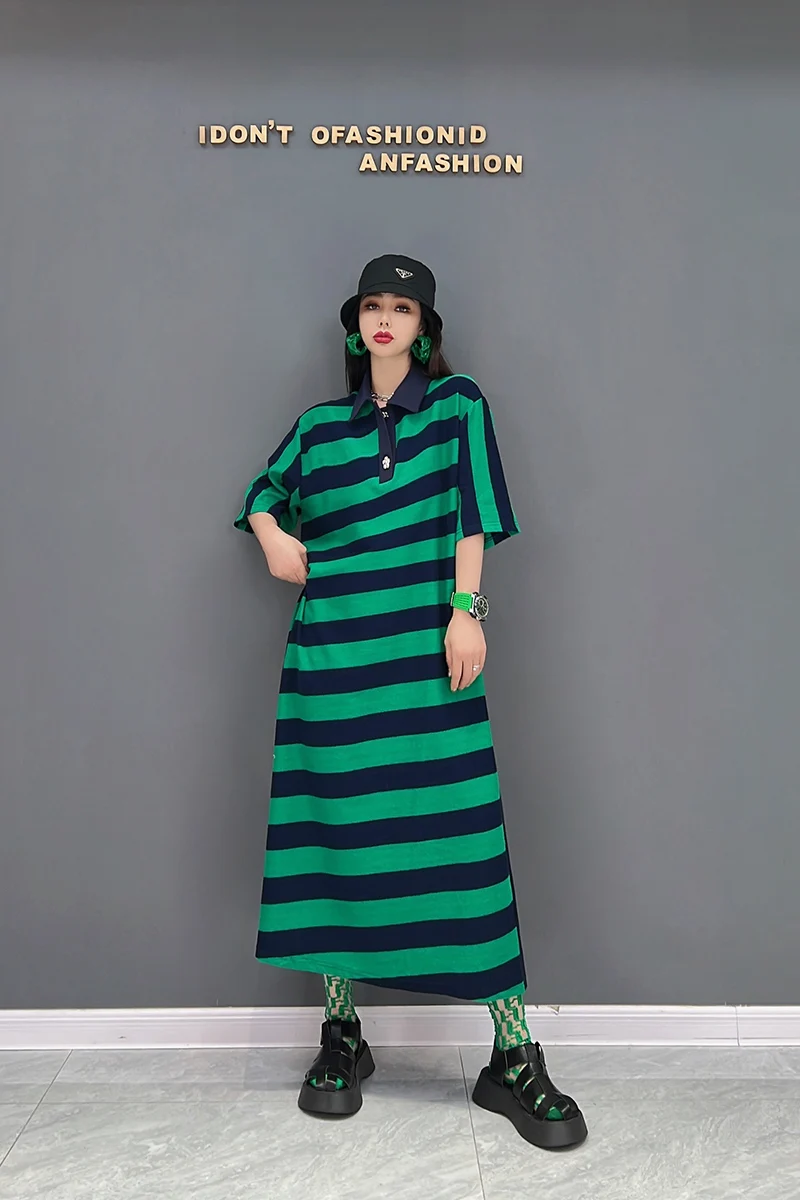 

SuperAen 2022 Summer New Fashion Casual Stripe Turn Down Collar T-shirt Loose A-LINE Casual Woman Dress