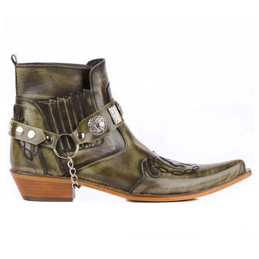 Texas Green Cowboy Boots Olive Western Ankle Boots Genuine Leather Pointed Toe Ankle Ankle Ankle Boots
