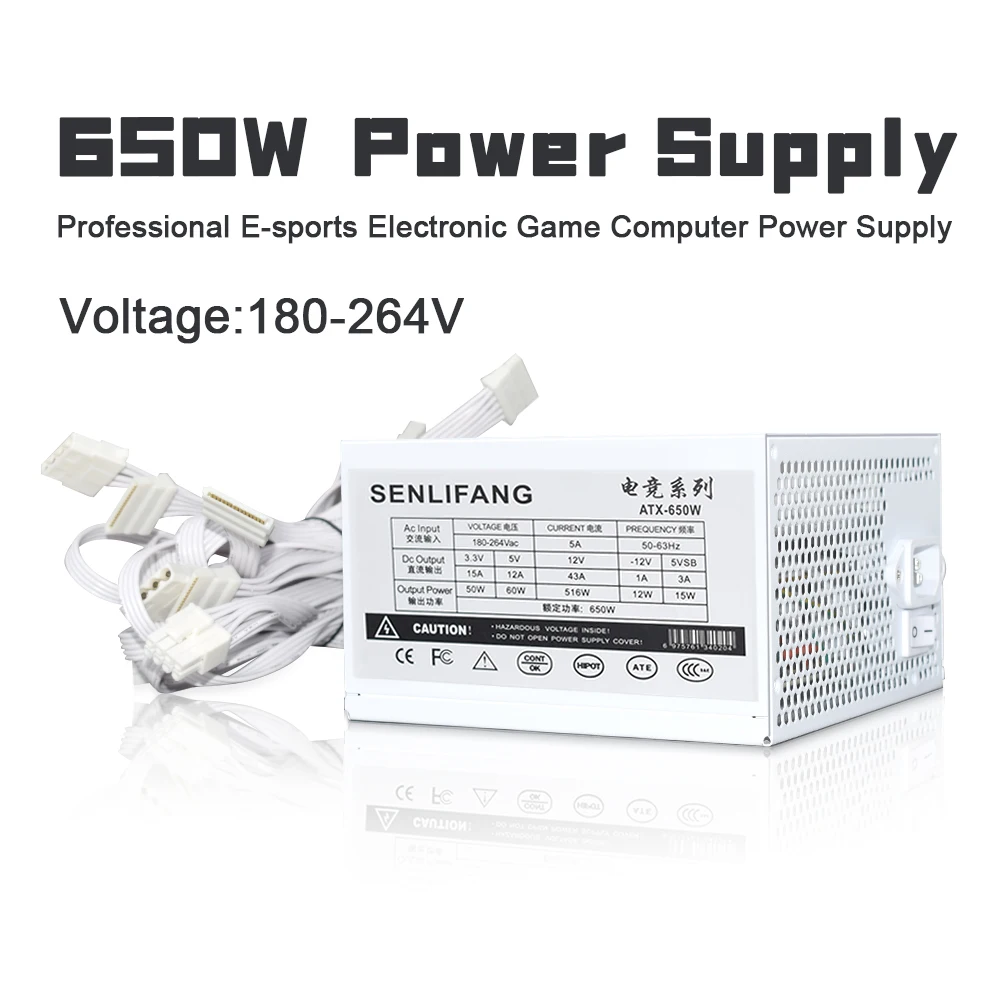 Белый 180-264 в ATX 650 Вт 20 + 4 контакта 12 в ПК PSU SATA Настольный профессиональный E-Спорт видеоигра компьютерный импульсный источник питания