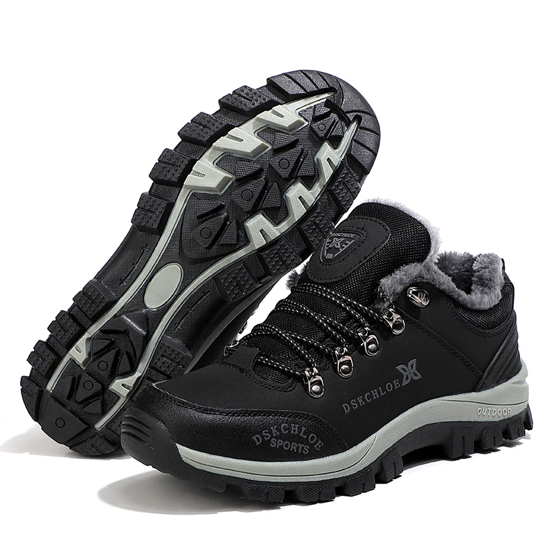 HIKEUP Hiking Shoes Outdoor Men Sneakers Leather Winter Low-Top Plus Wool Men's Shoes Wear-Resistant Climbing Trekking Sports