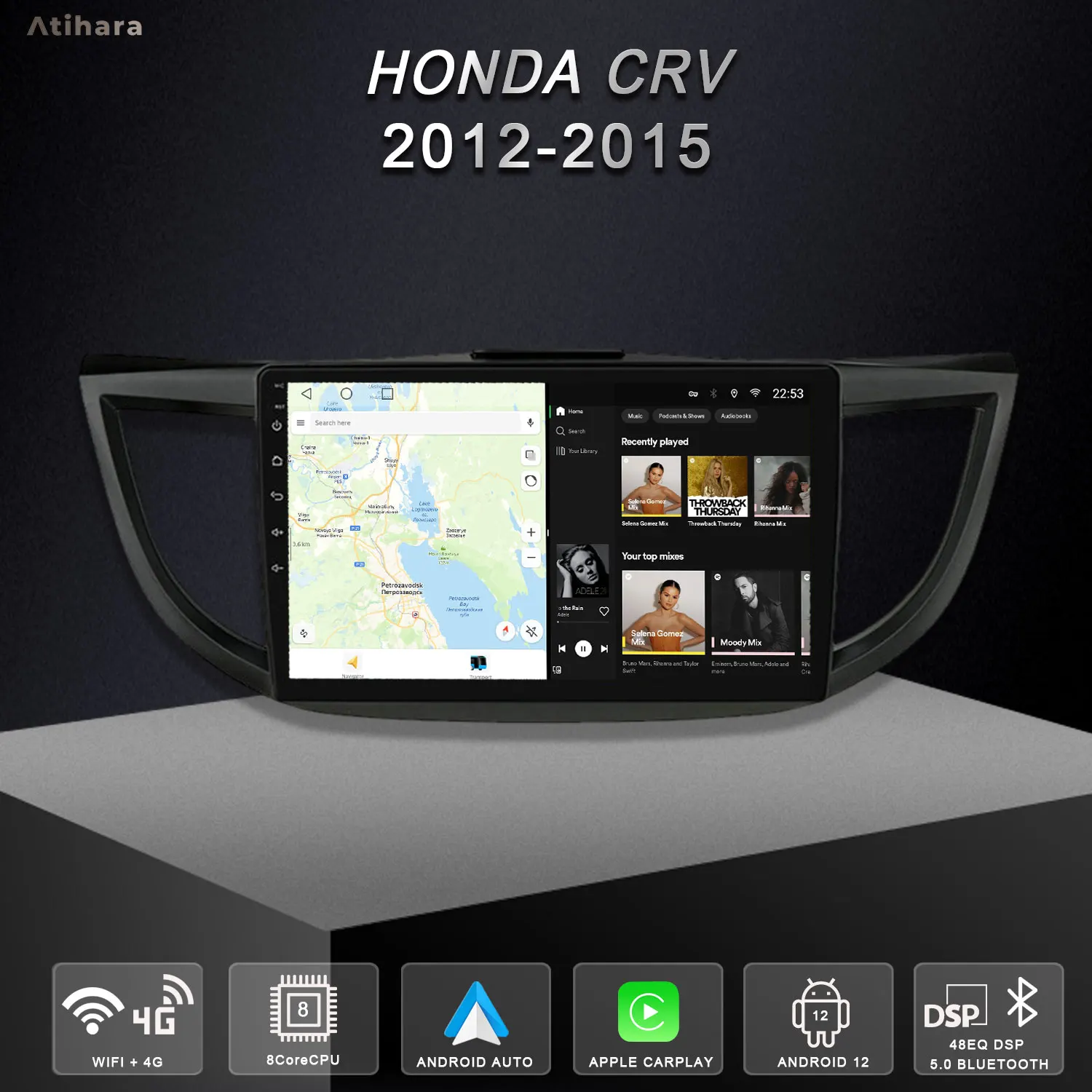 Автомобильное радио Atihara 10 1 дюйма на базе Android для Honda CRV 2012-2015 2Din мультимедийный
