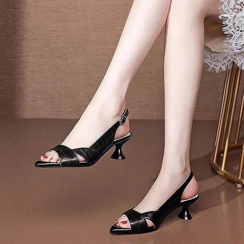 

Женские офисные туфли, черные Нескользящие туфли из натуральной кожи на высоком каблуке, с открытым носком, без застежки, лето 2022