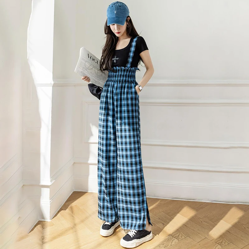 Korean Fashion Woman Plaid  Jumpsuit Women Streetwear Ladies Baggy Wide Leg Pants Womens Casual Summer Girls Suspenders Female 2