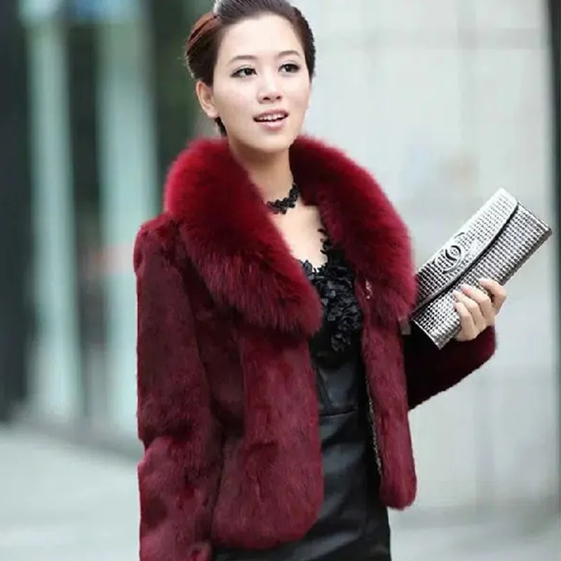 

Faux Fur Coat Women Black 4XL Short Jacket 2023 New Winter Fashion Mom Rabbit Fur Slim Green Fox Fur Collar Coat