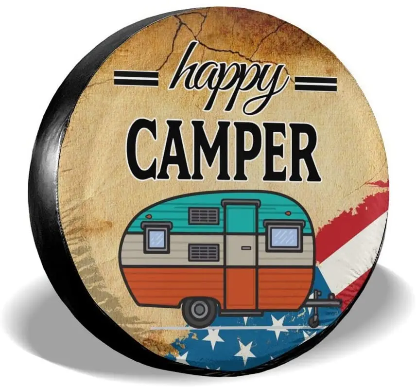

CENSIHER Tire Cover USA Flag Happy Camper Waterproof Dust-Proof Universal Spare Wheel Tire Cover Fit for Trailer, RV,