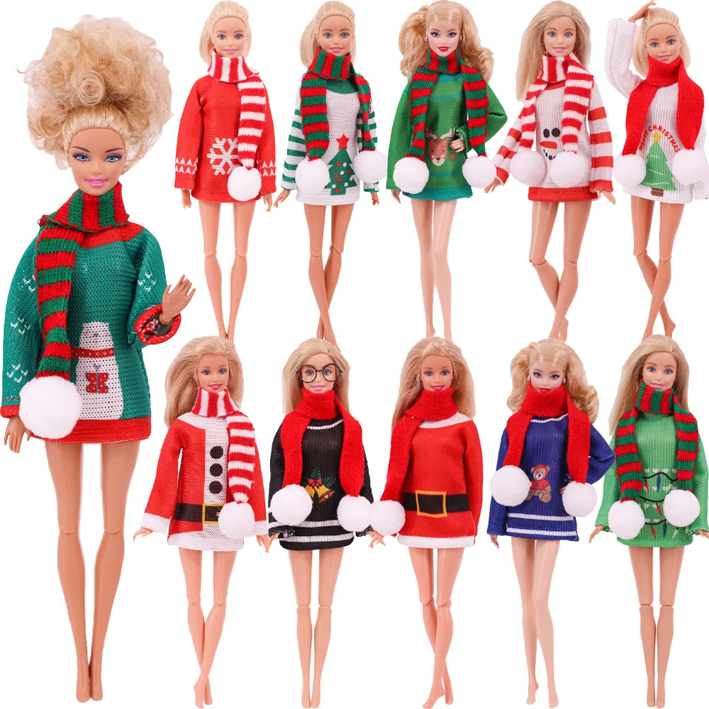 Barbies Doll Clothes Sweater + Scarf Christmas Style Pattern Fit For 11.8 inch Barbies Dress Accessories 1/6 BJD Christmas Gifts