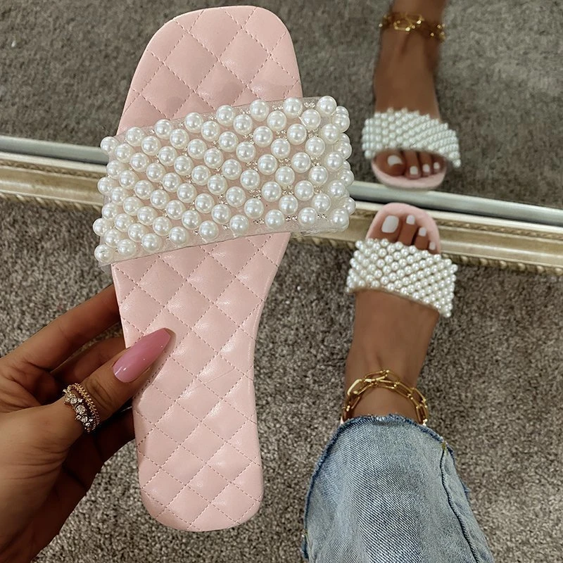 

Summer Popular Women's Slippers Luxury Women's Casual Blue Beach Sandals Comfortable Outdoor Flip Flops Pearl Simple Slippers