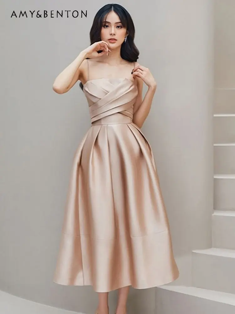 Light Luxury Satin Suspender Dress Women's Elegant Fashion Niche Cross Pleated Dress Large Swing Mid-length Evening Dress