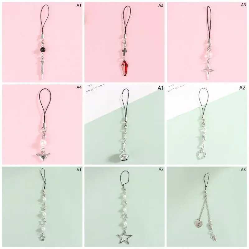 1pc Original DIY Handmade Cute Alloy Phone Charms Women Pendant Kawaii Keychain Strap Lanyard With Star Bead Cartoon Accessories