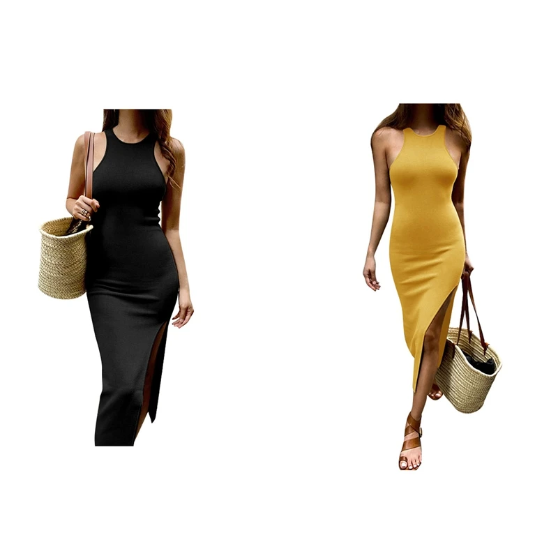 

2X High Slit Midi Dress Women Sleeveless Tank Dress Solid Color Round Collar Slim Fit Dress M Black & Yellow