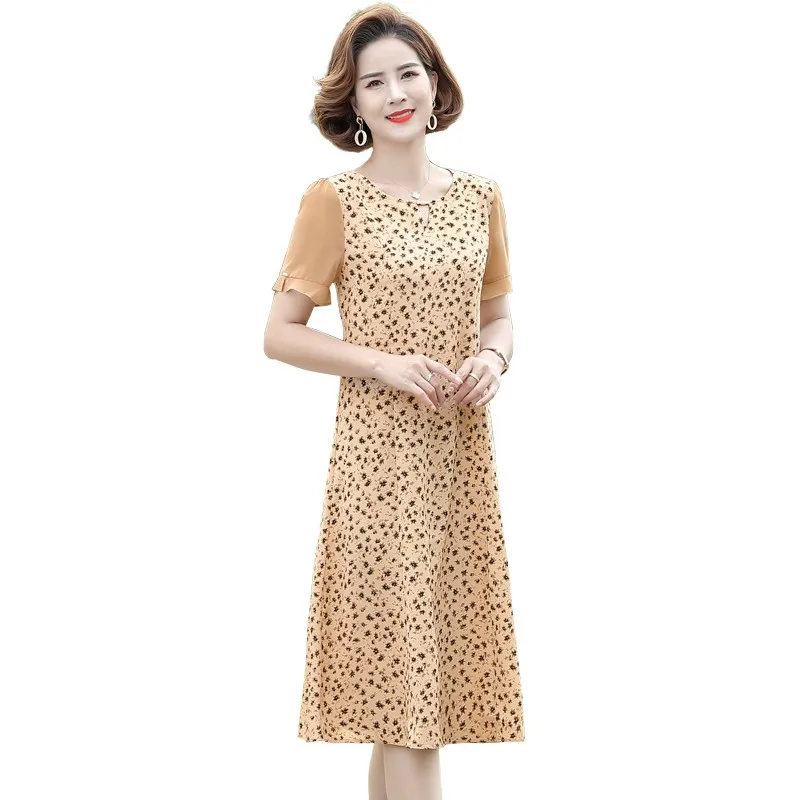 

2023 New Skin color Printed Dress Women Summer Dresses Elegant Chiffon A-line Round Neck Bohemian Sweet Vestidos