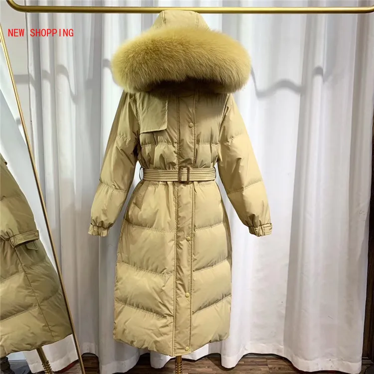 Elegant Female Thicken Warm Winter Down Coat Women Large Real Natural Fox Fur White Duck Down Parka Hooded Winter Jacket Women